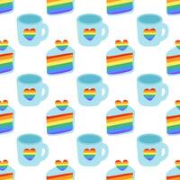 Seamless Pattern with LGBT Cute Cup with rainbow heart and Cake slice. LGBTQ background. Symbol of the LGBT pride community. Flat vector illustration.