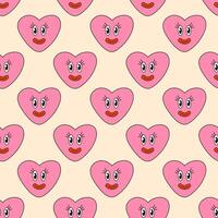 Seamless Pattern with Heart Girl Pink Smile Character for Valentine Day. Mascot in groovy and Y2k style. Vector cartoon illustration.