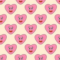 Seamless Pattern with Heart Girl Pink Smile Character for Valentine Day. Mascot in groovy and Y2k style. Vector cartoon illustration.