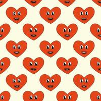 Seamless Pattern with Heart Red Character Smile for Valentine Day. Mascot in groovy and Y2k style. Vector cartoon illustration.