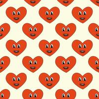 Seamless Pattern with Heart Red Character Smile for Valentine Day. Mascot in groovy and Y2k style. Vector cartoon illustration.