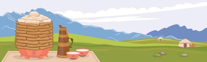 Traditional Mongolian dishes. Pies with cottage cheese and tea with milk, a picnic on the grass, a landscape with a yurt against the backdrop of mountains. Vector. vector