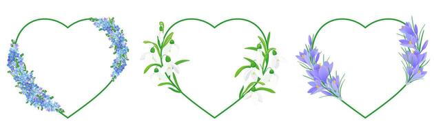 vector heart with forget me nots crocuses and snowdrops on a white background