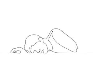 man with open mouth lies on the floor or ground face down - one line drawing vector. concept fainting, sleeping on the floor vector