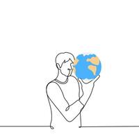 man holds a small planet Earth in his hand - one line drawing vector. concept ruler of the earth, the fragility of the ecology of the environment, the global problems of the world vector