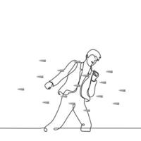 hombre en un traje regate muchos balas volador a él - uno línea dibujo vector. el concepto de un espía evitando balas, un metáfora para velocidad y evitación de responsabilidad vector