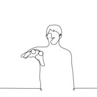 man standing with outstretched hand palm down - one line drawing vector. the concept of greed, dreaming, calling someone to come vector