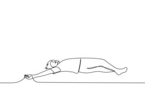 man lying on the floor - one line drawing vector. concept fatigue, fainting, loss of consciousness, dead person vector