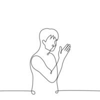 man looks at his palm - one line drawing vector. concept check your hand, palmistry, reading lines on your hand vector