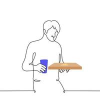 man carries in his hands a soda in a disposable cup and a box of pizza - one line drawing. concept eating pizza alone vector