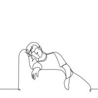 hombre cansado o apático acostado abajo en un silla - uno línea dibujo vector. concepto depresión, fatiga vector