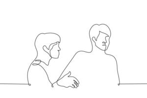 man grabs a friend by the hand and pulls him to him but the other doesn't like it - one line drawing vector. concept obsession, pushy, extrovert and introvert vector