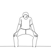 man squat with legs wide apart resting on knees with palms - one line drawing vector. concept crouch down to see, stretching or warming up for leg muscles vector