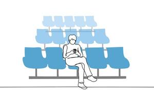 one single man sitting in the waiting room staring at the phone screen with his foot on the leg - one line drawing vector. concept of a late passenger, a delayed flight, a late unpopular flight vector