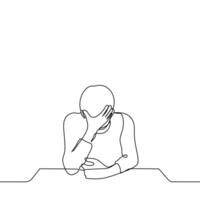 man sits resting his elbow on the table with his head down and leaning his forehead on his hand - one line drawing vector. concept fatigue, headache, overwork, migraine, facepalm, cringe, despair vector