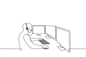 man sitting in front of multiple monitors and wearing headphones with microphone - one line drawing vector. concept call center worker, security guard, freelancer at work vector