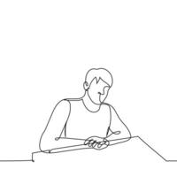 hombre se sienta a el mesa con su palmas doblada uno en parte superior de el otro - uno línea dibujo vector. concepto obediente alumno, escucha con cuidado, a un reunión vector