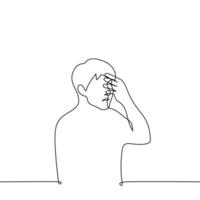 man touching his face with his hand - one line drawing vector. shame, headache or cringe concept vector