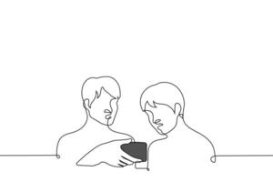 friends look at phone screen in surprise - one line drawing vector. concept two male friends are watching video or photo from phone, they are shocked or bloggers are broadcasting vector