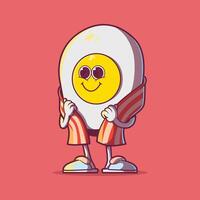Fried egg character with a bacon coat vector illustration. Mascot, food design concept.