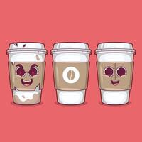 Tres café tazas con diferente expresiones vector ilustración. beber, marca diseño concepto.