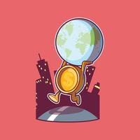 Coin running while holding the world vector illustration. Finance, money design concept.