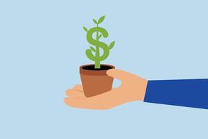 Growth stock return, businessman financial specialist hand offering hold plants pot with developing cash tree with dollar sign. vector