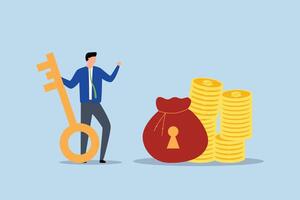 Financial key success, successful businessman financial advisor holding golden key in keyhole wallet and stack of gold coins. vector