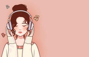 niña con auriculares escuchando música vector