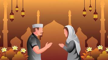 Ramadán diseño, eid al fitr, eid al adha, mujer y hombres sacudida manos en sombras de pardusco oro vector