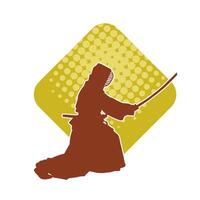 Silhouette of a sword warrior in action pose. Silhouette of a martial art person carrying sword weapon. Silhouette of kendo martial art pose. vector