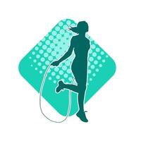 Silhouette of a slim sporty woman doing jump rope workout. vector