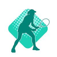 Silhouette of a female tennis player in action pose. Silhouette of a woman playing tennis sport with racket. vector