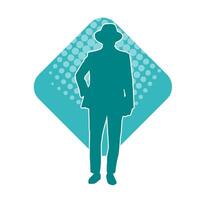 Silhouette of a gentleman wearing business suit or dress coat and wearing fedora hat. vector