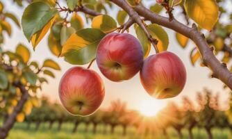 AI generated apple on a tree branch in the garden at sunset photo
