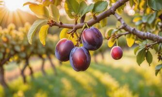 AI generated Ripe plums on a tree branch in the garden at sunset photo