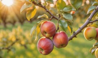 ai generado manzana en un árbol rama en el jardín a puesta de sol foto