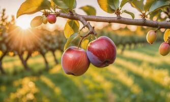 ai generado manzana en un árbol rama en el jardín a puesta de sol foto