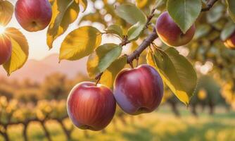 AI generated apple on a tree branch in the garden at sunset photo