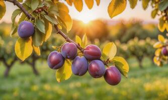 ai generado maduro ciruelas en un árbol rama en el jardín a puesta de sol foto