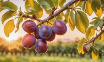 AI generated Ripe plums on a tree branch in the garden at sunset photo