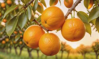 ai generado naranja en un árbol rama en el jardín a puesta de sol foto