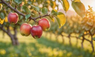 ai generado manzana en un árbol rama en el jardín a puesta de sol foto