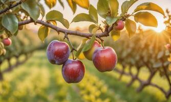 ai generado manzana en un árbol rama en el jardín a puesta de sol foto