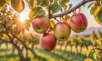 ai generado manzana en un árbol rama en el jardín a puesta de sol foto