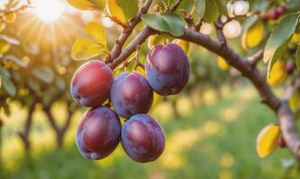 ai generado maduro ciruelas en un árbol rama en el jardín a puesta de sol foto