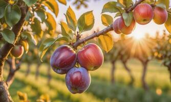 ai generado manzana en un árbol rama en el jardín a puesta de sol foto