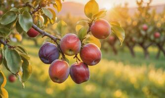 ai generado manzana en un árbol rama en el jardín a puesta de sol foto