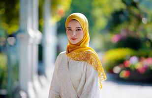 ai generado asiático modelo en blanco kebaya y amarillo hijab foto