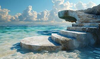 AI generated Summer Sands and Tropical Sea with Abstract Stone Podium photo